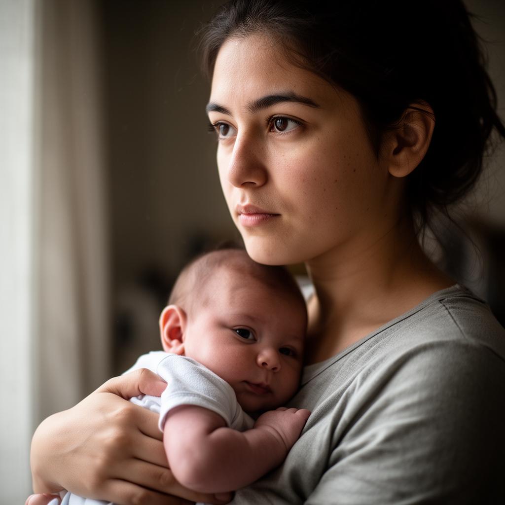 A young mother holding her infant
